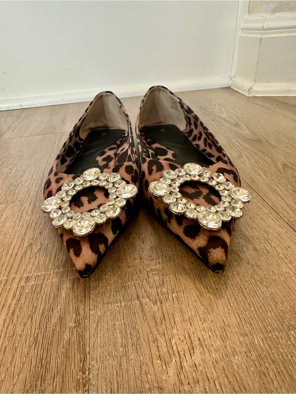 Zara Leopard Print Pointed Flats with Crystal Circle Buckles - Picture 6 of 8
